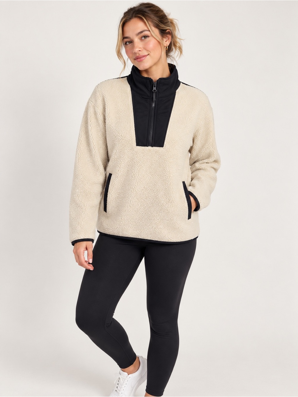 Old Navy Cream Sherpa Quarter-Zip Pullover with Black Trim
